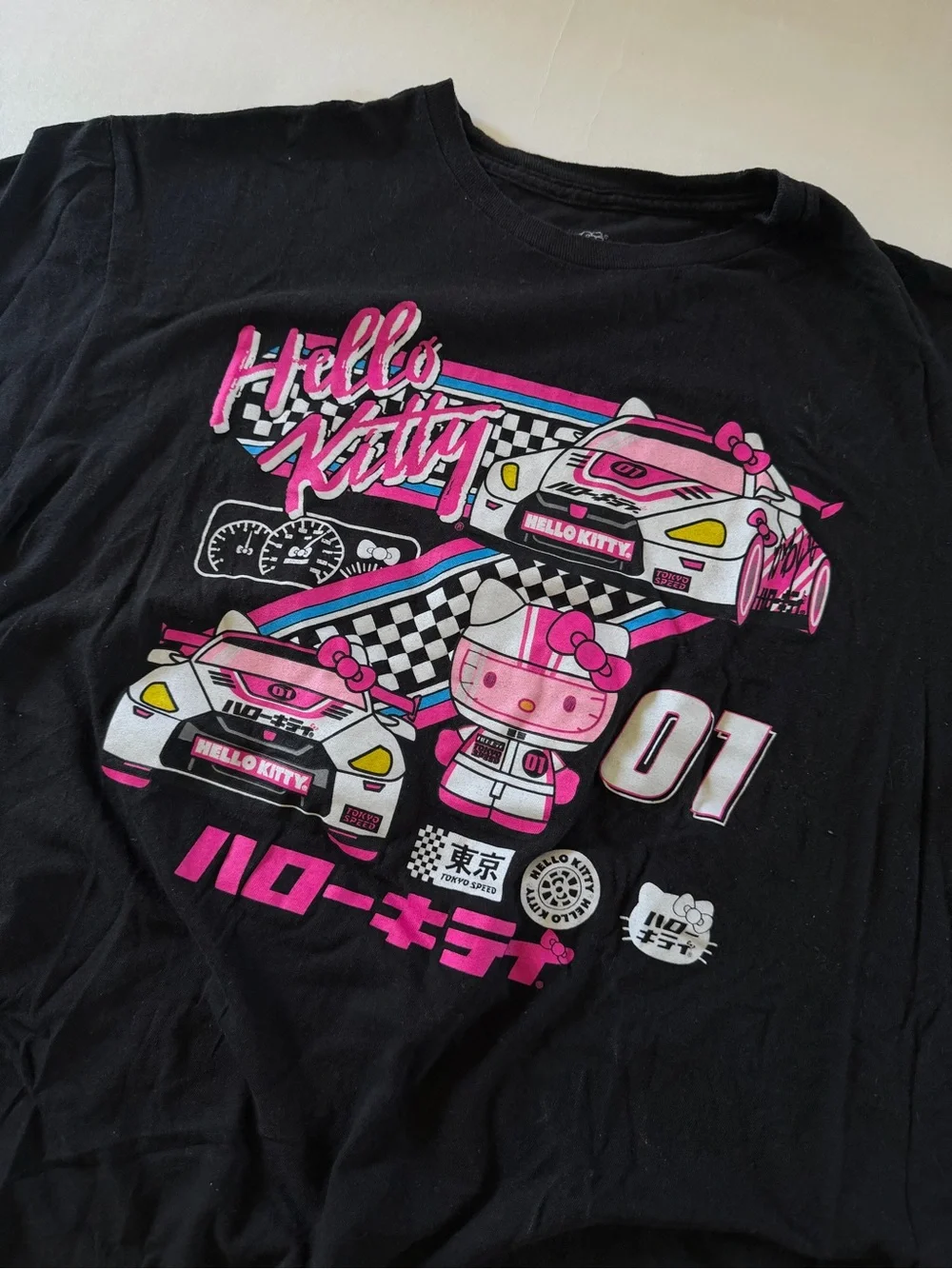 Hello Kitty Black Graphic Tee - Pink Racing Design Women’s XL - Picture 2 of 4
